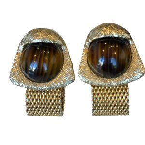 Vintage Mid Century MCM Cabochon Gold Tone Mesh Wrap Around Cufflinks Hipster